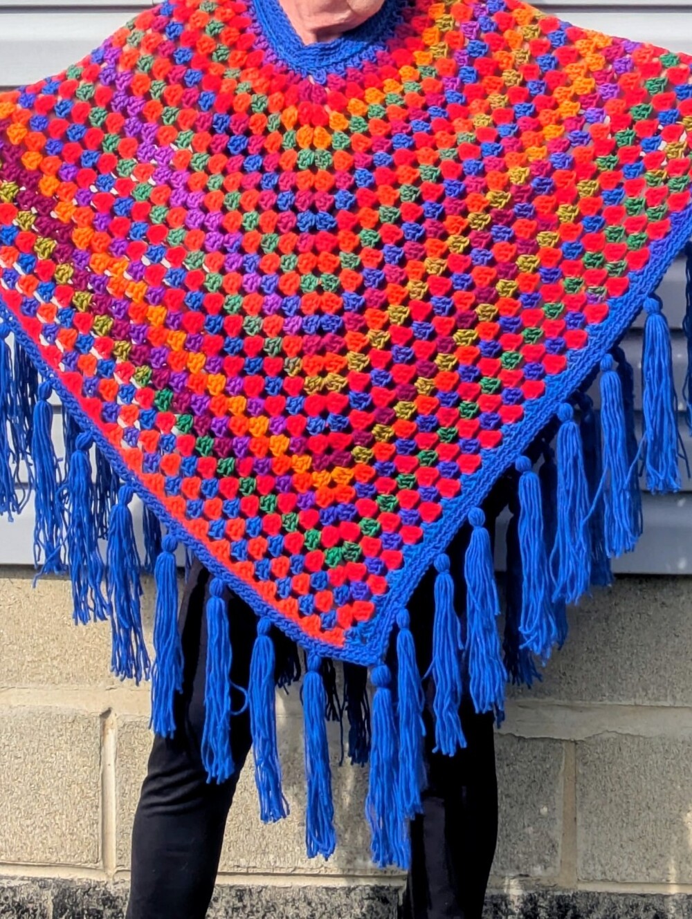 Handmade Multicolor Crochet Poncho with Blue Fringe